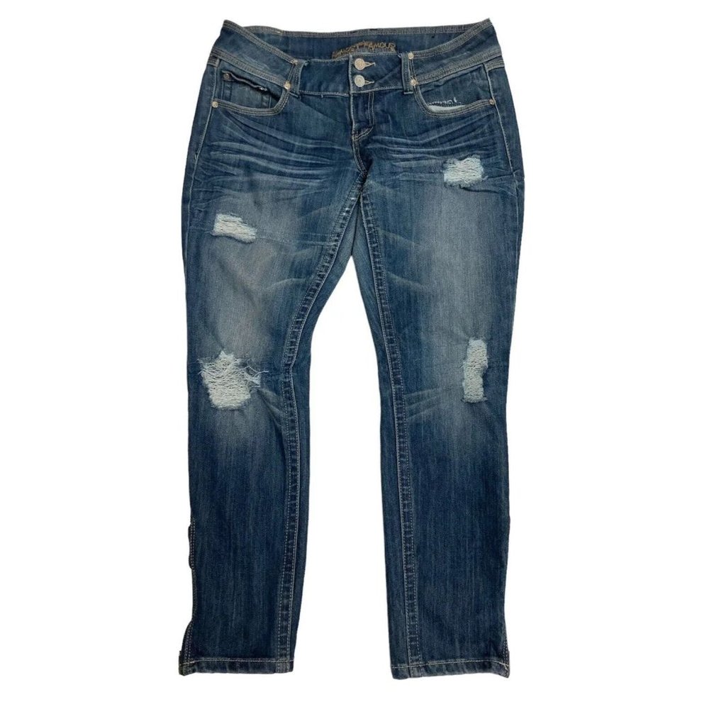 Almost Famous Bottom Zip Straight Leg Distressed Blue Jeans Juniors Size 13